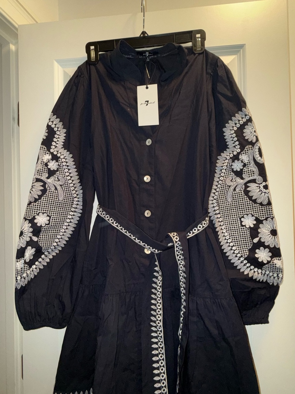 7 For All Mankind Navy Mini Dress with White Embroidered Sleeves